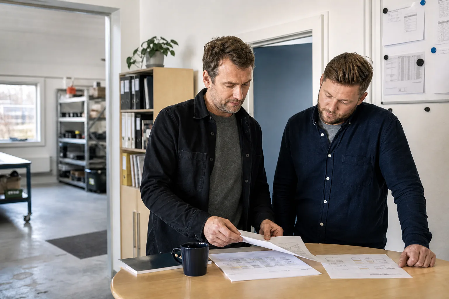 To kollegaer gennemgår arbejdet sammen ved et bord